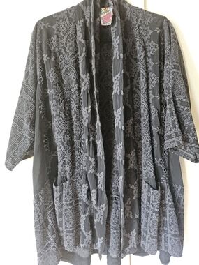Johnny Was Black Sheer Embroidered Open Kimono Cape